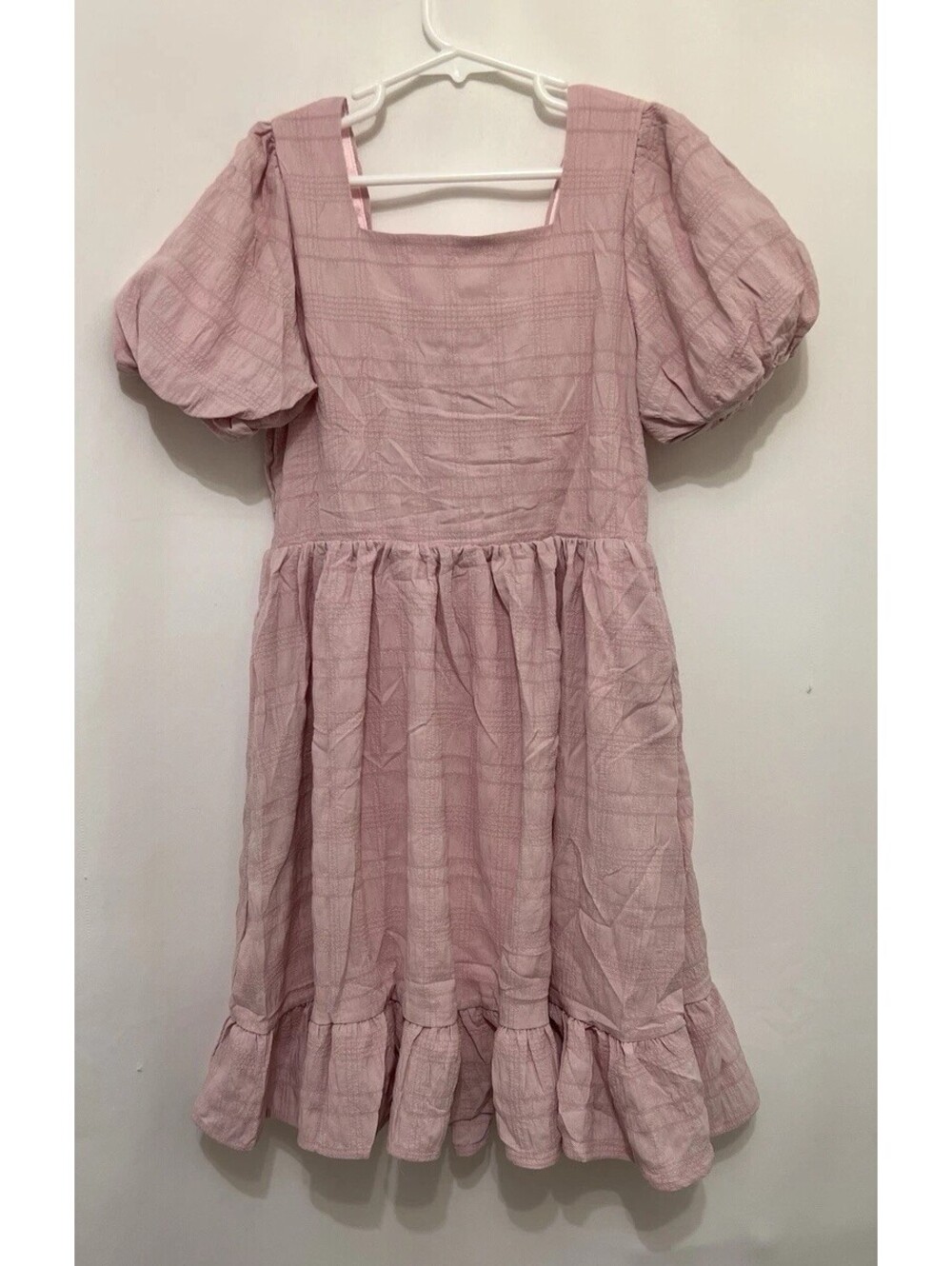 New Arshiner Girls Size 8 Pink Puff Sleeve Dress Smocked Back Plaid Ruffle